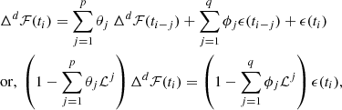 $$ \begin{aligned} \begin{aligned}&\Delta ^d \mathcal{F} (t_{i}) = \sum _{j=1}^p \theta _j\ \Delta ^d\mathcal{F} (t_{i-j}) + \sum _{j=1}^q \phi _j \epsilon (t_{i-j}) + \epsilon (t_i)\\&\mathrm{or},\ \left(1 - \sum _{j=1}^p \theta _j \mathcal{L} ^j \right)\Delta ^d \mathcal{F} (t_i) = \left(1 - \sum _{j=1}^q \phi _j \mathcal{L} ^j \right) \epsilon (t_i) , \end{aligned} \end{aligned} $$