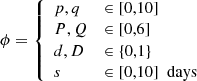 $$ \begin{aligned} \phi = {\left\{ \begin{array}{ll} p,q&\in [0,10]\\ P,Q&\in [0,6]\\ d,D&\in \{0,1\}\\ s&\in [0,10]\ \text{ days} \end{array}\right.} \end{aligned} $$