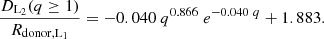 $$ \begin{aligned} \frac{D_{\mathrm{L} _2}(q \ge 1)}{R_{\mathrm{donor} ,\mathrm{L} _1}} = -0.040~q^{0.866}~e^{-0.040~q} + 1.883. \end{aligned} $$