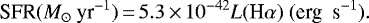 \begin{equation*} \textrm{SFR}(M_{\odot}~\textrm{yr}^{-1})\,{=}\,5.3\,{\times}\,10^{-42} L(\textrm{H}\alpha)~(\textrm{erg~ s}^{-1}). \end{equation*}