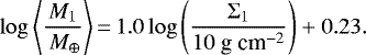\begin{eqnarray*} \log{\left\langle \frac{M_1}{\,M_{\oplus}} \right\rangle } \,{=}\,1.0\log{\left(\frac{\Sigma_1}{10~\mbox{g~cm}^{-2} } \right)}&#x002B;0.23. \end{eqnarray*}