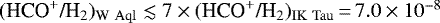 $(\mbox{HCO}^&#x002B;\mbox{/H}_2)_{\mathrm{W~Aql}}\lesssim 7\times (\mbox{HCO}^&#x002B;\mbox{/H}_2)_{\mathrm{IK~Tau}}\,{=}\,7.0\times10^{-8}$