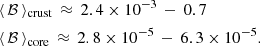 $$ \begin{aligned} \begin{aligned}&\langle \, \mathcal{B} \, \rangle _{\mathrm{crust}} \, \approx \, 2.4\times 10^{-3} \, - \, 0.7 \\&\langle \, \mathcal{B} \, \rangle _{\mathrm{core}} \, \approx \, 2.8\times 10^{-5} \, - \, 6.3 \times 10^{-5} . \end{aligned} \end{aligned} $$