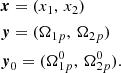 $$ \begin{aligned} \begin{aligned}&\boldsymbol{x} = (x_1 , \, x_2) \\&\boldsymbol{y} = (\Omega _{1p} , \, \Omega _{2p}) \, \\&\boldsymbol{y}_0 = (\Omega ^0_{1p} , \, \Omega ^0_{2p}) . \end{aligned} \end{aligned} $$
