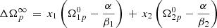 $$ \begin{aligned}&\Delta {\Omega }^\infty _p \, = \, x_1 \left( \Omega _{1p}^0 - \frac{\alpha }{\beta _1} \right) \, + \, x_2 \left( \Omega _{2p}^0 - \frac{\alpha }{\beta _2} \right) \end{aligned} $$