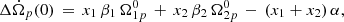 $$ \begin{aligned}&\Delta \dot{\Omega }_p(0) \, = \, x_1 \, \beta _1 \, \Omega _{1p}^0 \, + \, x_2 \, \beta _2 \, \Omega _{2p}^0 \, - \, (x_1+x_2)\, \alpha , \end{aligned} $$