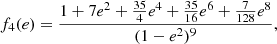 $$ \begin{aligned} f_4(e) = \frac{1+7e^2+\frac{35}{4}e^4+\frac{35}{16}e^6+\frac{7}{128}e^8}{(1-e^2)^9}, \end{aligned} $$
