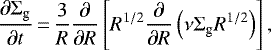 \begin{eqnarray*} \frac{\partial \Sigma_{\text{g}}}{\partial t}\,{=}\,\frac{3}{R}\frac{\partial}{\partial R} \left[R^{1/2} \frac{\partial}{\partial R} \left( \nu \Sigma_{\text{g}} R^{1/2} \right) \right],\end{eqnarray*}