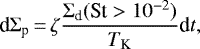 \begin{eqnarray*} \text{d}\Sigma_{\text{p}}\,{=}\,\zeta\dfrac{\Sigma_{\text{d}}(\text{St}>10^{-2})}{T_{\text{K}}}\text{d}t,\end{eqnarray*}