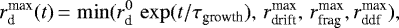 \begin{equation*} r_{\text{d}}^{\text{max}}(t)\,{=}\,\min(r_{\text{d}}^0 \, \exp(t/\tau_{\text{growth}}), \, r_{\text{drift}}^{\text{max}}, \, r_{\text{frag}}^{\text{max}}, r_{\text{ddf}}^{\text{max}}),\end{equation*}