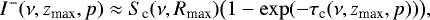 \begin{equation*}I^-(\nu,{z_{\textrm{max}}},p) \approx S_{\textrm{c}} (\nu,R_{\textrm{max}})\bigl(1-\exp(-\tau_{\textrm{c}}(\nu,{z_{\textrm{max}}},p))\bigr), \end{equation*}
