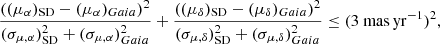 $$ \begin{aligned} \frac{( (\mu _{\alpha })_{{\mathrm{SD}}} - (\mu _{\alpha })_{Gaia} )^2}{(\sigma _{\mu ,\alpha })_{{\mathrm{SD}}}^2 + (\sigma _{\mu ,\alpha })_{Gaia}^2} + \frac{( (\mu _{\delta })_{{\mathrm{SD}}} - (\mu _{\delta })_{Gaia} )^2}{(\sigma _{\mu ,\delta })_{{\mathrm{SD}}}^2 + (\sigma _{\mu ,\delta })_{Gaia}^2} \le ( 3~\mathrm{mas\,yr^{-1}} )^2, \end{aligned} $$
