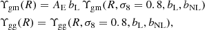 $$ \begin{aligned}&\Upsilon _{\mathrm{gm} }(R) = A_{\mathrm{E} } \, b_{\mathrm{L} } \, \Upsilon _{\mathrm{gm} }(R,\sigma _8=0.8,b_{\mathrm{L} },b_{\mathrm{NL} }) \nonumber \\&\Upsilon _{\mathrm{gg} }(R) = \Upsilon _{\mathrm{gg} }(R,\sigma _8=0.8,b_{\mathrm{L} },b_{\mathrm{NL} }), \end{aligned} $$