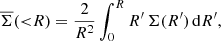 $$ \begin{aligned} \overline{\Sigma }({ < }R) = \frac{2}{R^2} \int _0^R R^{\prime } \, \Sigma (R^{\prime }) \, \mathrm{d}R^{\prime } , \end{aligned} $$