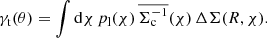 $$ \begin{aligned} \gamma _{\mathrm{t} }(\theta ) = \int \mathrm{d}\chi \, p_{\mathrm{l} }(\chi ) \, \overline{\Sigma _{\mathrm{c} }^{-1}}(\chi ) \, \Delta \Sigma (R,\chi ) . \end{aligned} $$