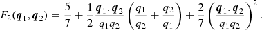 $$ \begin{aligned} F_2(\boldsymbol{q}_1,\boldsymbol{q}_2) = \frac{5}{7} + \frac{1}{2} \frac{\boldsymbol{q}_1 . \boldsymbol{q}_2}{q_1 q_2} \left( \frac{q_1}{q_2} + \frac{q_2}{q_1} \right) + \frac{2}{7} \left( \frac{\boldsymbol{q}_1 . \boldsymbol{q}_2}{q_1 q_2} \right)^2 . \end{aligned} $$