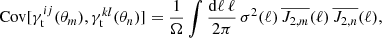 $$ \begin{aligned} \mathrm{Cov} [\gamma _{\mathrm{t} }^{ij}(\theta _m),\gamma _{\mathrm{t} }^{kl}(\theta _n)] = \frac{1}{\Omega } \int \frac{\mathrm{d}\ell \, \ell }{2\mathrm \pi } \, \sigma ^2(\ell ) \, \overline{J_{2,m}}(\ell ) \, \overline{J_{2,n}}(\ell ) , \end{aligned} $$