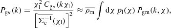 $$ \begin{aligned} P_{\rm g\kappa }(k) = \frac{\chi _{\mathrm{l} }^2 \, C_{\rm g\kappa }(k\chi _{\mathrm{l} })}{\left[\overline{\Sigma _{\mathrm{c} }^{-1}}(\chi _{\mathrm{l} })\right]^2} \approx \overline{\rho _{\mathrm{m} }} \int \mathrm{d}\chi \, p_{\mathrm{l} }(\chi ) \, P_{\mathrm{gm} }(k,\chi ) , \end{aligned} $$