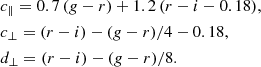 $$ \begin{aligned}&c_\parallel = 0.7 \, (g-r) + 1.2 \, (r-i-0.18) , \nonumber \\&c_\perp = (r-i) - (g-r)/4 - 0.18 , \nonumber \\&d_\perp = (r-i) - (g-r)/8 . \end{aligned} $$