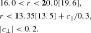 $$ \begin{aligned}&16.0 < r < \mathbf 20.0 [19.6] , \nonumber \\&r < \mathbf 13.35 [13.5] + c_\parallel /0.3 , \nonumber \\&|c_\perp | < 0.2 . \end{aligned} $$