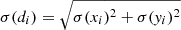 $ \sigma(d_i) = \sqrt{\sigma(x_i)^2+\sigma(\mathit{y}_i)^2} $