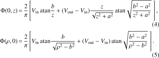 \begin{align} \Phi(0,z) &\,{=}\,\frac{2}{\pi} \left[ V_{\textrm{in}} \, \mathrm{atan} \frac{b}{z} &#x002B; (V_{\textrm{out}}-V_{\textrm{in}}) \frac{z}{\sqrt{z^2&#x002B;a^2}} \, \mathrm{atan} \sqrt{\frac{b^2-a^2}{z^2&#x002B;a^2}}\ \right],\\ \Phi(\rho,0) &\,{=}\,\frac{2}{\pi} \left[ V_{\textrm{in}} \, \mathrm{atan} \frac{b}{\sqrt{\rho^2-b^2}} &#x002B; (V_{\textrm{out}}-V_{\textrm{in}}) \, \mathrm{atan} \sqrt{\frac{b^2-a^2}{\rho^2-b^2}}\ \right].\end{align}