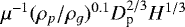 $\mu^{-1}(\rho_p/\rho_g)^{0.1}D_{\textrm{p}}^{2/3}H^{1/3}$