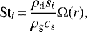 \begin{equation*} \textrm{St}_i\,{=}\,\frac{\rho_{\textrm{d}} s_i }{\rho_{\textrm{g}} c_{\textrm{s}}} \Omega(r), \end{equation*}