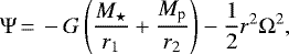 \begin{equation*} \Psi\,{=}\,-G \left(\frac{M_{\star}}{r_1} &#x002B; \frac{M_{\textrm{p}}}{r_2} \right) - \frac{1}{2} r^2 \Omega^2,\end{equation*}