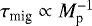 $\tau_{\textrm{mig}} \propto M_{\textrm{p}}^{-1}$