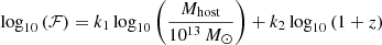$ \log_{10} \left({\mathcal{F}}\right) = k_1 \log_{10}\left(\frac{M_{\mathrm{host}}}{10^{13}\,M_{\odot}}\right) + k_2 \log_{10} \left(1+z\right) $