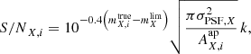$$ \begin{aligned} {S/N}_{X,i} = 10^{-0.4 \left({m}^\mathrm{true}_{X,i} - {m}^\mathrm{lim}_X\right)} \sqrt{\frac{\pi \sigma _{\mathrm{PSF},X}^2}{A^\mathrm{ap}_{X,i}}} \, k, \end{aligned} $$