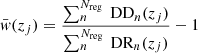 $$ \begin{aligned} \bar{w}(z_j) = \frac{\sum _n^{N_{\rm reg}} \text{ DD}_n(z_j)}{\sum _n^{N_{\rm reg}} \text{ DR}_n(z_j)} - 1 \end{aligned} $$