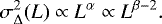 \begin{equation*} \sigma_{\Delta}^{2}(L) \propto L^{\alpha} \propto L^{\beta-2}.\end{equation*}