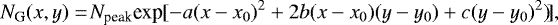 \begin{equation*} N_{\textrm{G}}(x,y) = \!N_{\textrm{peak}}\textrm{exp}[-a(x-x_{0})^{2}&#x002B;2b(x-x_{0})(y-y_{0})&#x002B;c(y-y_{0})^{2})\!],\end{equation*}