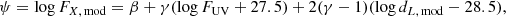 $$ \begin{aligned} \psi = \log F_{X,\,\mathrm{mod}} = \beta + \gamma (\log F_{\rm UV}+27.5) +2(\gamma -1)(\log {d}_{L,\,\mathrm{mod}} -28.5), \end{aligned} $$