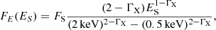 $$ \begin{aligned} F_E(E_S)=F_{\rm S}\frac{(2-\Gamma _{\rm X}) E_{\rm S}^{1-\Gamma _{\rm X}}}{(2\,\mathrm{keV})^{2-\Gamma _{\rm X}}-(0.5\,\mathrm{keV})^{2-\Gamma _{\rm X}}}, \end{aligned} $$