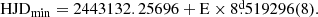 $$ \begin{aligned} \mathrm{HJD_{min}} = 2443132.25696 + \mathrm{E}\times 8\overset{\text{d}}{.}519296(8) . \end{aligned} $$
