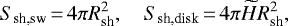 \begin{equation*}S_{\text{sh,sw}}\,{=}\,4\pi R_{\text{sh}}^2,\quad S_{\text{sh,disk}}\,{=}\,4\pi \widetilde{H}R_{\text{sh}}^2, \end{equation*}