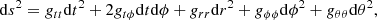 $$ \begin{aligned} \mathrm{d}s^{2}=g_{tt}\mathrm{d}t^2+2g_{t\phi }\mathrm{d}t\mathrm{d}\phi +g_{rr}\mathrm{d}r^2+g_{\phi \phi }\mathrm{d}\phi ^2+g_{\theta \theta }\mathrm{d}\theta ^2, \end{aligned} $$