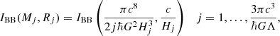 $$ \begin{aligned} I_{\rm BB}(M_j, R_j) = I_{\rm BB}\left(\frac{\pi c^8}{2 j \hbar G^2 H^3_j}, \frac{c}{H_j}\right) \quad j=1,\ldots , \frac{3 \pi c^3}{\hbar G \Lambda } , \end{aligned} $$