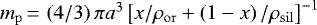 $m_{\mathrm{p}}\,{=}\,\left({4 / 3}\right) \pi a^{3} \left[{x / \rho_{\mathrm{or}} &#x002B;\left({1-x}\right) / \rho_{\mathrm{sil}}}\right]^{-1}$