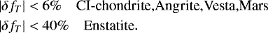 \begin{align*}&\lvert\delta f_{T}\rvert<6\% \quad {\textrm{CI-chondrite,Angrite,Vesta,Mars}}\\ &\lvert\delta f_{T}\rvert<40\% \quad {\textrm{Enstatite}}.\end{align*}