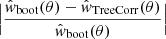 $$ \begin{aligned} \Big | \frac{\hat{w}_{\rm {boot}} (\theta )-\hat{w}_{\rm {T{ree}C {orr}}} (\theta )}{\hat{w}_{\rm {boot}} (\theta )}\Big | \end{aligned} $$