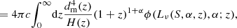 $$ \begin{aligned}&\qquad \qquad \ \ \ = 4 \pi c\! \int _0^\infty \! \mathrm{d} z \frac{d_\mathrm{m} ^4(z)}{H(z)} (1+z)^{1+\alpha } \phi (L_\nu (S,\alpha ,z),\alpha ;z), \end{aligned} $$