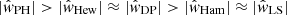 $ |\hat w_{\mathrm{PH}}| > |\hat w_{\mathrm{Hew}}| \approx |\hat w_{\mathrm{DP}}| > |\hat w_{\mathrm{Ham}}| \approx |\hat w_{\mathrm{LS}}| $