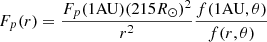 $$ \begin{aligned} F_p(r)=\frac{F_p(1\mathrm{AU})(215R_\odot )^2}{r^2}\frac{f(1\mathrm{AU},\theta )}{f(r,\theta )} \end{aligned} $$