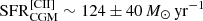 $ \mathrm{SFR}_{\mathrm{CGM}}^{\mathrm{[CII]}} \sim 124 \pm 40\,{M_\odot\,\mathrm{yr}^{-1}} $