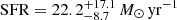 $ \mathrm{SFR} = 22.2^{+17.1}_{-8.7}\,{M_\odot\,\mathrm{yr}^{-1}} $
