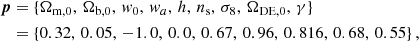 $$ \begin{aligned} \boldsymbol{p}&=\{\Omega _{\mathrm{m} ,0},\,\Omega _{\mathrm{b} ,0},\,{ w}_0,\,{ w}_a,\,h,\,n_{\rm s},\,\sigma _8,\,\Omega _{\mathrm{DE},0},\,\gamma \}\nonumber \\&=\{0.32,\,0.05,\,-1.0,\,0.0,\,0.67,\,0.96,\,0.816,\,0.68,\,0.55\}\,, \end{aligned} $$